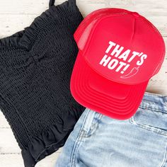 adult sizing; adjustable strap in the back one size fits most! Red Cap Hat, One Size Fits Most, Fun Red Snapback Baseball Cap, Fun Red Trucker Hat, Adjustable Red Trucker Hat, Casual Red Cap Sun Hat, Fun Red Snapback Trucker Hat, Fun Red Adjustable Bucket Hat, Red Snapback Hat, One Size Fits Most, Red Trucker Hat For The Beach