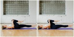 a woman is doing yoga on a mat with her legs spread out and one leg in the air