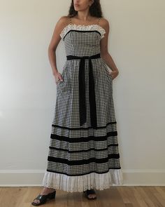 Fitted Lace Trim Maxi Sundress, Fitted Maxi Sundress With Lace Trim, Spring Lined Cotton Maxi Dress, Spring Cotton Lined Maxi Dress, Black And White Gingham Dress, Cotton Maxi Dress With Square Neck For Daywear, Elegant Cotton Maxi Dress With Lace Trim, Fitted Cotton Maxi Sundress, Fitted Cotton Sundress Maxi Dress