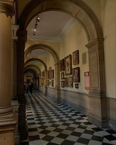 the hallway is lined with paintings and columns