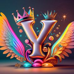 the letter y is surrounded by colorful wings and jewels, as well as a crown