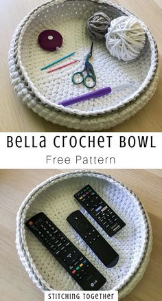 crochet bowl with two remotes and yarn on it, sitting next to each other