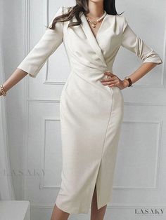 Lasaky - Stunning Long-Sleeve Evening Gown with Flowing Skirt Formal Fitted Maxi Dress With 3/4 Sleeve, Fitted Maxi Dress With 3/4 Sleeve For Formal Occasions, Semi-formal Beige V-neck Dress, Beige V-neck Semi-formal Dress, Fitted Half Sleeve Wedding Dress, Elegant 3/4 Sleeve Midi Wedding Dress, Elegant Sheath Midi Dress, Fitted Half Sleeve Maxi Dress For Evening, Fitted Half Sleeve Maxi Dress For Party