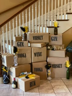 several boxes stacked on top of each other in front of a stair case