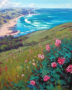 a painting of pink flowers on a hillside overlooking the ocean and beach with waves crashing in