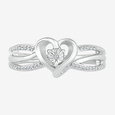 Ring Style: Promise Rings, Side Stone Rings, Engagement RingsDiamond Clarity: I3Setting: Multi-SettingShape: HeartStone Cut: RoundDiamond Color: JMetal Color: WhiteRing Gallery Height: 4.8mmRounded Carat Weight: Less Than 1/10 Ct.t.wBand Width: 2mmCare: Wipe CleanAuthenticity: Natural DiamondMetal: Sterling SilverCountry of Origin: Imported Diamond White Promise Jewelry For Valentine's Day, White Gold Heart-shaped Birthstone Promise Ring, Valentine's Day Birthstone Ring With Diamond Accents, Fine Jewelry Open Heart Diamond Promise Ring, White Gold Promise Ring For Mother's Day, Valentine's Day Diamond Accents Heart Promise Ring, Valentine's Day Rings With Diamond Accents, Open Heart Diamond Ring For Anniversary On Valentine's Day, Open Heart Diamond Ring For Valentine's Anniversary