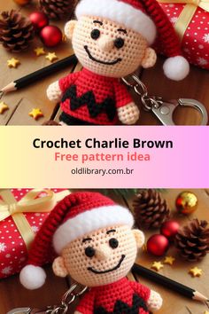 crochet charlie brown keychain with christmas decorations around it