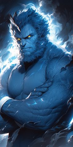 an illustration of a man with blue hair and yellow eyes sitting in front of lightning