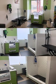 several pictures of different types of appliances in a room with green walls and flooring