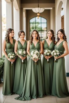 the bridesmaids are wearing green dresses and holding bouquets in their hands while standing together