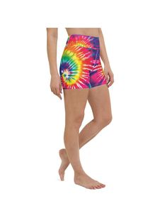 Our bright, rainbow tie dye patterned sports shorts couldn't look more bright and colorful in the cheerful colors of vibrant purple, blue, green, orange, yellow, pink and white. You can't help but feel cheerful when you put the Gearbunch Tie Dye Swirl Yoga Shorts on. The soft stretchy fabric and firm wide elastic waistband make these printed sports shorts perfect for gym, yoga, hiking, bike rides, festivals and all your favorite sports and hobbies. Be Happy, Be Bright, Be You with Gearbuch Fun Multicolor Shorts For Beach, Multicolor Athletic Shorts With Built-in Shorts For Spring, Fun Multicolor Beach Shorts, Stretch Multicolor Print Bottoms For Summer, Multicolor Hippie Shorts For Vacation, Hippie Multicolor Bottoms For Beach Season, Playful Workout Shorts For Summer, Playful Summer Workout Shorts, Casual Multicolor Shorts With Vibrant Print