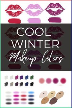 Cool winter makeup colors are cool and bright. The color palette is full of plum pinks, blues, and icy grays. Make Up For Cool Winter, Clear Winter Makeup Palette, Winter Pallete Makeup, Clear Winter Color Palette Makeup, Makeup For Winter Palette, Cool Winter Makeup Palette, Cool Winter Lipstick Colors, Cool Winter Lipstick, Light Winter Makeup