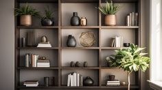 a bookshelf filled with lots of plants and vases on top of it