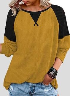 Gender:Women Type:Tops Feature:Waffle Stitching. Round Neck. Raglan Long Sleeve Material:Polyester/Cotton Style:Casual/Fashion Color:Black. Green. Gray. Purple. Red. Yellow. White. Blue Size:S. M. L. XL. 2XL Please Note:All Dimensions Are Measured Manually With A Deviation Of 1 To 3cm Celana Kargo, Waffle Stitch, Pink T Shirt, Color Block Top, Womens Tops Summer, Winter Tops, Short En Jean, Fashion Colours, Siena