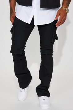 Mens Strapped Cargo Utility Style Fitted Jeans For Streetwear, Fitted Utility Jeans For Streetwear, Fitted Cargo Style Jeans For Streetwear, Fitted Streetwear Bottoms With Button Zip Fly, Fitted Black Cotton Cargo Jeans, Black Stretch Cotton Cargo Jeans, Fitted Jeans With Button Zip Fly For Streetwear, Fitted Black Cargo Jeans With Pockets, Black Fitted Cargo Jeans