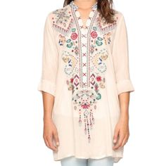 Size Xs Womens V-Neckline With Henley Button Front, Long Tabbed Sleeves Signature Embroidery Rayon Georgette, Machine Wash Cold, Tumble Dry Low. - Condition - New - I Am A Smoke Free / Pet Friendly Home. Fast Shipping! Open To Offers Casual V-neck Embroidered Top With Multicolor Embroidery, Summer V-neck Top With Geometric Embroidery, White V-neck Blouse With Intricate Embroidery, Casual V-neck Blouse With Geometric Embroidery, V-neck Embroidered Blouse For Vacation, Fitted V-neck Embroidered Top For Spring, Bohemian V-neck Blouse With Multicolor Embroidery, Feminine V-neck Embroidered Summer Top, Feminine Embroidered V-neck Tops