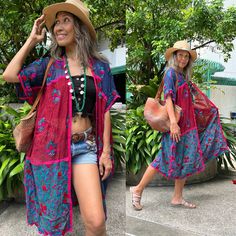 "Detailed Magenta and Blue Kimono Jacket. These are beautiful one of a kind pieces. The embroidery is hand done in a detailed floral pattern from top to bottom and front to back. It is a maxi dress length kimono jacket/ robe perfect for festivals Light and comfortable fit *These pieces aren't perfect and pristine. They are handmade and unique so you will see evidence of the artists work throughout each piece. Material: Chiffon Free Less than one week shipping.Measurement: Measurements: Length: 44\" Sleeve: 9.5\"" Summer Long Patchwork Outerwear, Long Patchwork Summer Outerwear, Red Summer Beach Outerwear, Summer Pink Patchwork Outerwear, Pink Patchwork Outerwear For Summer, Bohemian Patchwork Beach Outerwear, Bohemian Open Front Kimono With Floral Embroidery, Bohemian Floral Embroidered Open Front Kimono, Long Floral Embroidered Kimono For Festival