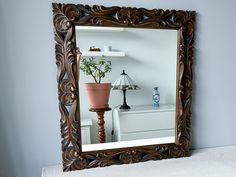 a mirror that is on the wall above a shelf with a potted plant in it