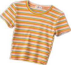 Trendy Orange Short Sleeve Top, Cute Striped Short Sleeve T-shirt, Trendy Orange Crew Neck Top, Trendy Striped Crew Neck Shirt, Striped Graphic Tee For Spring, Summer Striped Graphic Tee, Striped Graphic Tee For Summer, Trendy Striped Short Sleeve T-shirt, Rainbow Striped Top