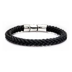 Black Leather and Stainless Steel Magnetic Clasp Bracelet Everyday Black Braided Bracelet With Leather Strap, Masculine Black Bracelets For Everyday, Masculine Black Everyday Bracelets, Everyday Black Leather Braided Bracelet, Masculine Leather Bracelet With Stainless Steel Clasp, Classic Black Braided Bracelets For Everyday, Classic Black Braided Bracelets, Masculine Leather Bracelet For Everyday, Modern Black Braided Bracelet With Leather Strap