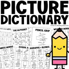 an image of a picture dictionary with pencils in it and the words pictures to print out