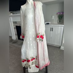 3 Piece Pure Chiffon Suite White Georgette Dupatta For Spring, White Dupatta For Spring Party, Elegant Silk Dupatta For Summer, Elegant Sheer Georgette Dupatta, Elegant Chiffon Dupatta, Elegant Fitted Chiffon Dupatta, Fitted Sheer Elegant Dupatta, Elegant Fitted Sheer Dupatta, Elegant Formal Summer Dupatta