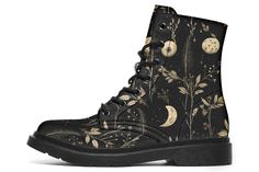 Twilight Garden Boots - Vegan Leather Lace-up Ankle Goth Combat Floral Print Festival Boots Witchy Boots, Space Shoes, Baddies Outfits, Regular Outfits, Dark Academia Vibes, Witchy Academia, Twilight Garden, Formal Ideas, Festival Boots