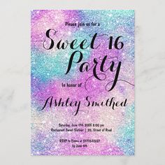 the sweet 16 birthday party is in pink, blue and purple with glitter on it