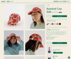 a woman wearing a baseball cap on top of a web page with pictures of it