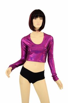 "This item is made to order, please read all the way through the listing before purchasing! Sparkling, holographic fuchsia sparkly jewel lycra spandex is darkly dazzling. This crop top has a scoop neckline and long sleeves, and a four way stretch fit. LENGTH: 8\" (from the underarm to the hemline) Womens Sizing (See below for instructions on where measurements should be taken) XXS: Bust 29\"-30\" / Waist 22\"-23\" / Hips 30\"-32\" Extra Small: Bust 31\"-32\" / Waist 24\"-25\" / Hips 33\"-35\" Sm Scoop Neck Crop Top, Fabric Yardage, Olive Branch, Neck Crop Top, Long Sleeve Crop, Quality Clothing, Scoop Neckline, Womens Clothing Tops, Scoop Neck