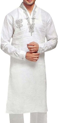 Mens silver hand embroidery work on V neck collar and right chest full sleeves with cuff long kurta pyjama made from white color pure linen fabric. It has bottom as pyjama made from same fabric. Kurta pyjama 2 Pc (Jacket, Pyjama). Made from White color pure linen fabric. Perfect for weddings,graduation ceremoney,dating, meeting, yacht party, banquet, hosts' wearing,etc Dry Clean Only: Made in India White Long Sleeve Kurta For Diwali, White Linen Straight Kurta, White Long Sleeve Kurta For Eid, Elegant White Linen Kurta, White Kurta For Traditional Ceremonies - Eid, Diwali Linen Straight Kurta, White Kurta For Traditional Ceremonies And Eid, Elegant Traditional Fit Kurta For Ceremonies, Elegant Kurta With Traditional Fit For Ceremonies