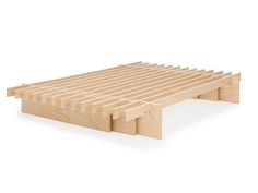 a wooden bed frame with slats on the top and bottom part in different sizes