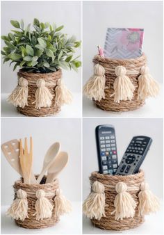 four pictures show different ways to decorate with straw baskets and utensils in them