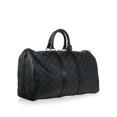 Louis Vuitton presents their signature Keepall bag, the perfect travel accessory for both men and women. Carefully crafted in the brand's iconic Monogram Eclipse canvas with black leather trimming, top handles and shoulder strap, the Keepall is sleek and sophisticated. Spacious enough to carry your whole world inside, but small enough to easily accompany you throughout your day, the Keepall is also extremely lightweight. It's the perfect travel companion and a necessary addition to any luxury bag collection, especially luggage. The perfect mix between fashion and function, it's practical as well as stylish. Wherever you go, the LV Keepall will make sure you travel in style. SPL Exterior Monogram Eclipse Black leather trimming, piping, handles, and strap Leather tag Two top handles Dark sil Keepall Louis Vuitton, Black Louis Vuitton Bag, Lv Luggage, Lv Keepall, Louis Vuitton Presents, Louis Vuitton Keepall 45, Louis Vuitton Travel Bags, Keepall 45, Luxury Bags Collection