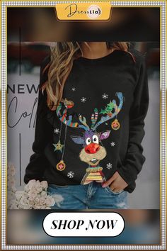 Christmas Vintage O-neck Long Sleeve T Shirt Women Fashion Plus Size, Christmas T Shirts, Deer Print, Plus Size Vintage, Fashion Plus Size, Sweatshirts Online, Christmas Vintage, Vintage Casual, Women Hoodies Sweatshirts