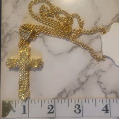 Necklace Large Gold Cross With White Rhinestones. New Beautiful Gold With Shimmering White Stones. Large Swivel Clasp. Sturdy And Heavy. 3" Long And 2.5" Wide. Chain Is 24" Long. Absolutely Shimmers In The Light. Gold Crystal Rhinestone Cross Pendant Necklace, Gold Cross Necklace For Party, Gold Cross Pendant Necklace With Bling, Gold Bling Cross Pendant Necklace, Gold Iced Out Cross Pendant Necklace, Gold Cross Necklace With Rhinestones, Gold Rhinestone Cross Necklace, Gold Chain Necklace With Rhinestones For Gift, Gold Chain Necklace With Rhinestones As Gift