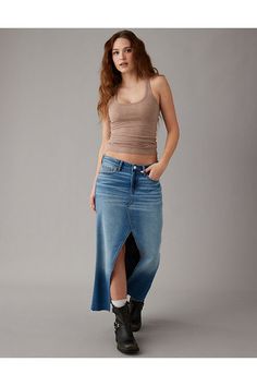 Featuring our Comfort Stretch Waistband!/Medium wash/Front slit/This skirt is Real Good: Made with the planet in mind & a promise to continue to do better. Denim Maxi, Denim Maxi Skirt, Do Better, Maxi Skirts, Skorts, Low Rise, Women's Jeans, American Eagle Outfitters, Maxi Skirt