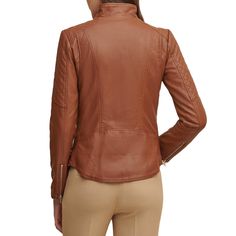 DESCRIPTION Slim and Smart Quilted Brown Color Zipper Pocket Sheepskin Genuine Leather Jacket is very comfortable to wear. A Designer Brand at such a great price we can't say the name. Be surprised by this label when it arrives! Specifications: Shell Face: 100% faux-leather; Shell Backing: 100% rayon Lining: 100% polyester; Filler: 100% polyester Full-zip front; collarless design Quilted detail on arm Zippered hand pockets Zippered cuff Silky lining Length: 22.75" Wipe clean with a damp cloth or Leather Jacket Women, Genuine Leather Jackets, Leather Jackets Women, Jacket Women, Brown Color, Zipper Pocket, Genuine Leather, Faux Leather, Long Sleeve Blouse