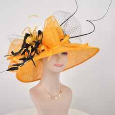 ". 100% Sinamay, light and comfortable *Wide brim measure Appr 6.5\" brim *The crown is decorated with feather flower. Very beautiful!! *Head girth is 22\"-23.22\",adjustable string inside can give you the best fit. *Great for Kentucky Derby, Church, Wedding, Tea Party or other special event . If you want to use different colors feathers tell me the color you need, I will change for you. 💃1. All hats will be sent from Rockville, MD, 20850, using FedEx Ground (1- 5 business days if the shipping Spring Party Straw Hat In Sinamay, Summer Party Straw Hat In Sinamay, Summer Party Sinamay Straw Hat, Yellow Hat For Summer Evening, Yellow Curved Brim Hat For Evening, Yellow Evening Hat For Summer, Yellow Summer Evening Hat, Spring Wide Brim Mini Hat In Sinamay, Spring Short Brim Sinamay Costume Hats And Headpieces