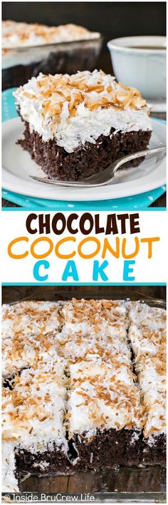 chocolate coconut cake on a plate with the title above it