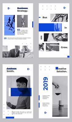 four different brochures with blue and white images on them, one is for business