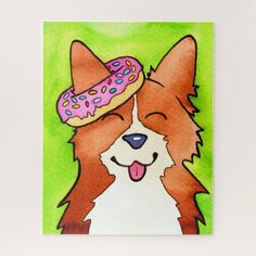 a painting of a dog with a donut on its head and tongue sticking out