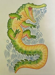 a drawing of a green and orange alligator