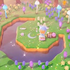 an animal crossing game in the middle of a forest with lots of trees and flowers