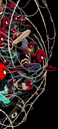 spider - man and other characters are tangled together