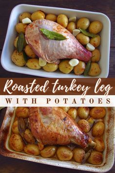 Roasted turkey leg with potatoes on a baking dish How To Roast Turkey Legs In Oven, Turkey Leg Dinner Sides, Oven Roasted Turkey Leg Recipes, Turkey Leg Meal Ideas, Roasted Turkey Legs In Oven, Turkey Legs In Oven, Easy Roasted Turkey, Turkey Leg Recipe, Turkey Drumstick Recipe