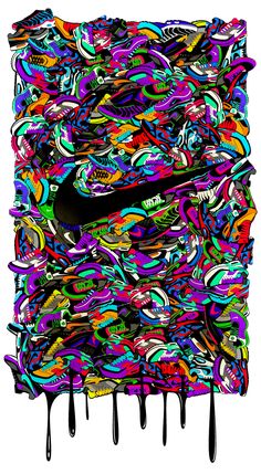 the nike logo is covered in multicolored swirls and dripping black paint on a white background