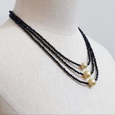 925 Sterling Silver Black Spinel Fresh Pearl Beaded 3 Strand Necklace By Ktc (Stamped On Clasp) 935 Stamped On Lobster Clasp Fresh Water Pearls On Multi Tier Black Spinel Beaded Strands Measures Approximately 17.25” + 2”Extender Preowned Good Condition Gently Worn No Returns Please Elegant Rondelle Pearl Necklace With Faceted Beads, Elegant Pearl Necklace With Faceted Rondelle Beads, Elegant Faceted Rondelle Pearl Necklace, Elegant Rondelle Faceted Beads Necklaces, Elegant Black Rondelle Beaded Necklaces, Elegant Round Black Beaded Necklaces, Elegant Beaded Necklaces With Faceted Round Beads, Black Pearl Evening Necklace, Gold Wedding Jewelry