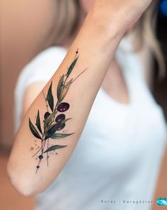 an olive branch tattoo on the arm