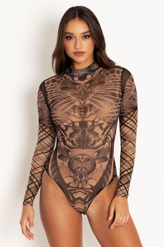 Insect Goddess Sheer High Neck Long Sleeve Bodysuit - 7 DAY UNLIMITED ($89AUD) by BlackMilk Clothing High Neck Long Sleeve, Knit Tops